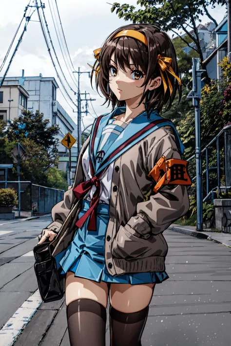 (masterpiece),(best quality), <lora:HaruhiSuzumiya:0.85>, suzumiya haruhi, winter uniform, brown cardigan, hair ribbon, hairband, , armband, serafuku, blue skirt, thighhighs, (close:1.3), <lora:kitakoukou:0.7> ,haruhizaka, kitakoumae, scenery, kousaten1, outdoors, scenery, KitakouNishimon, Kitakou, , kitakouseimon, outdoors, scenery, <lora:Adddetail:0.7>