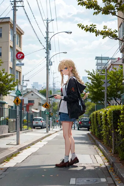 <lora:kitakoukou:0.6> haruhizaka, kitakoumae, scenery, outdoors, road, power lines, city, tree, building, sign, cityscape, road sign, utility pole, ground vehicle, motor vehicle, street, car, real world location,, ultra detailed, masterpiece, best quality, aesthetic, detailed,, solo, soft smile, light smile,
1girl, blue eyes, very long hair, blonde hair, long blonde hair, french braid, bangs, medium breasts,