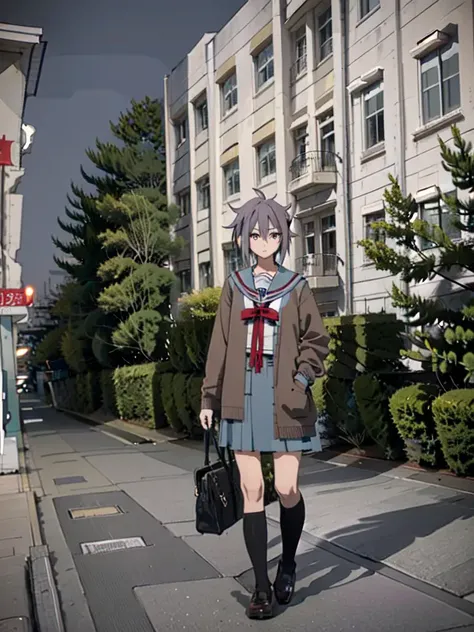 masterpiece, best quality, ultra-detailed, illustration,
kita high school uniform, 1girl, solo, nagato yuki, serafuku, skirt, winter uniform, sailor collar, blue sailor collar, short hair, blue skirt, purple hair, glasses, open clothes, open cardigan, socks, shoes, red ribbon, kneehighs, brown eyes, ribbon, holding bag, full body, brown cardigan, long sleeves,
KitakouNishimon, Kitakou, tree, scenery, outdoors, building, night, bush,
<lora:kitakouseifuku:0.8> <lora:kitakoukou-000010:1>