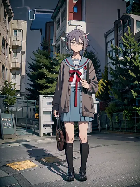 masterpiece, best quality, ultra-detailed, illustration,
kita high school uniform, 1girl, solo, nagato yuki, serafuku, skirt, winter uniform, sailor collar, blue sailor collar, short hair, blue skirt, purple hair, glasses, open clothes, open cardigan, socks, shoes, red ribbon, kneehighs, brown eyes, ribbon, holding bag, full body, brown cardigan, long sleeves,
KitakouNishimon, Kitakou, tree, scenery, outdoors, building, night, bush,
<lora:kitakouseifuku:0.8> <lora:kitakoukou-000010:1>