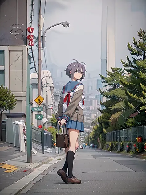 masterpiece, best quality, ultra-detailed, illustration,
kita high school uniform, 1girl, solo, nagato yuki, serafuku, skirt, winter uniform, sailor collar, blue sailor collar, short hair, blue skirt, purple hair, glasses, open clothes, open cardigan, socks, shoes, red ribbon, kneehighs, brown eyes, ribbon, holding bag, full body, brown cardigan, long sleeves,
kitakomae, scenery, night, lamppost, road, outdoors, tree, building, dark, street, power lines, cityscape, fence, night sky, sky, light, photo background,
<lora:kitakouseifuku:0.8> <lora:kitakoukou-000010:1>