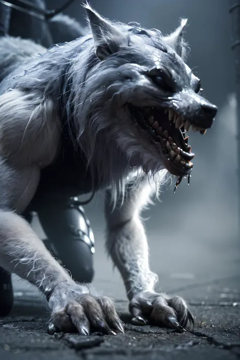 EdobWerewolf (Realistic:1.5) sharp teeth, monochrome, fog, fangs, injury, sharp teeth, outdoors, ocean, scenery, 1girl, wolf, realistic, dragon, male focus, cloak, tongue, motor vehicle, dog, edobwerewolf, kneeling,  <lora:EdobWerewolf_v2.0:0.8>