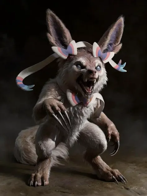 Hyper realistic, Ultra detailed, <lora:EdobWerewolf_v2.0:0.75> <lora:Sylveon-08:0.75>, Chibi, Ribbons, soft fur, fuzzy fur, [EdobWerewolf: Sylveon 0.75] Rabid, Snarling, Large paws, long claws, drooling, snarling, Digitigrade <lora:TeddyBear: 0.25>