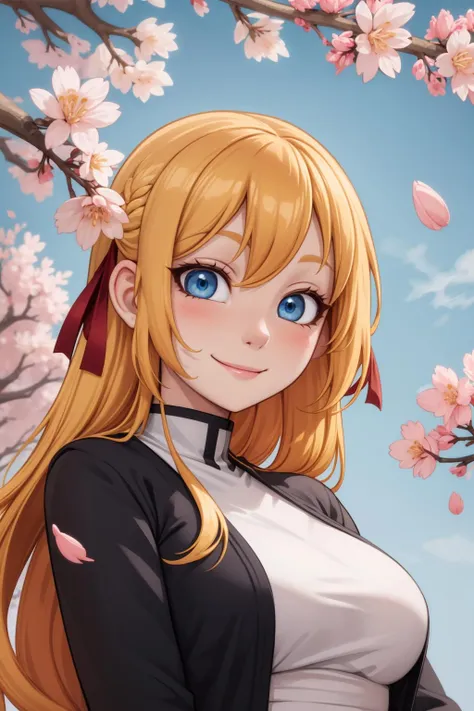 masterpiece, best quality, 1girl, long blonde hair, blue eyes, closed mouth, smile, hair ribbon, outdoors, cherry blossoms, face focus