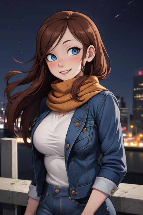 masterpiece, best quality, 1girl, long brown hair, blue eyes, scarf, jacket, jeans, city, night, stars, upper body, smile