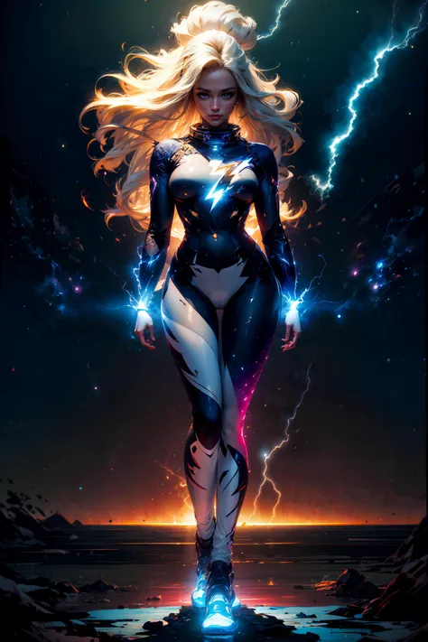 (masterpiece, best quality, ultra-detailed:1.3), 1girl made of rock, (feminine body:1.2), perfect curves, hourglass figure, full body, dynamic pose, female, large breasts, cracked skin, (white electricity:1.2) coming through cracks, (navy blue cosmic glam bodysuit:1.1)m (glimmering galaxy leggings with space odyssey hues:1.1), (dragonborn:0.6), white hair outdoors, detailed background, depth of field, thunder, (white blue lightning:1.2), thunderbolts, lightning theme BREAK (long straight blonde hair, mid parted hair:1.2) <lora:tools/more_details:0.3> <lora:characters/dragonborn_offset:0.6> <lora:styles/r1ge - AnimeRage:0.7><lora:tools/epiNoiseoffset_v2>