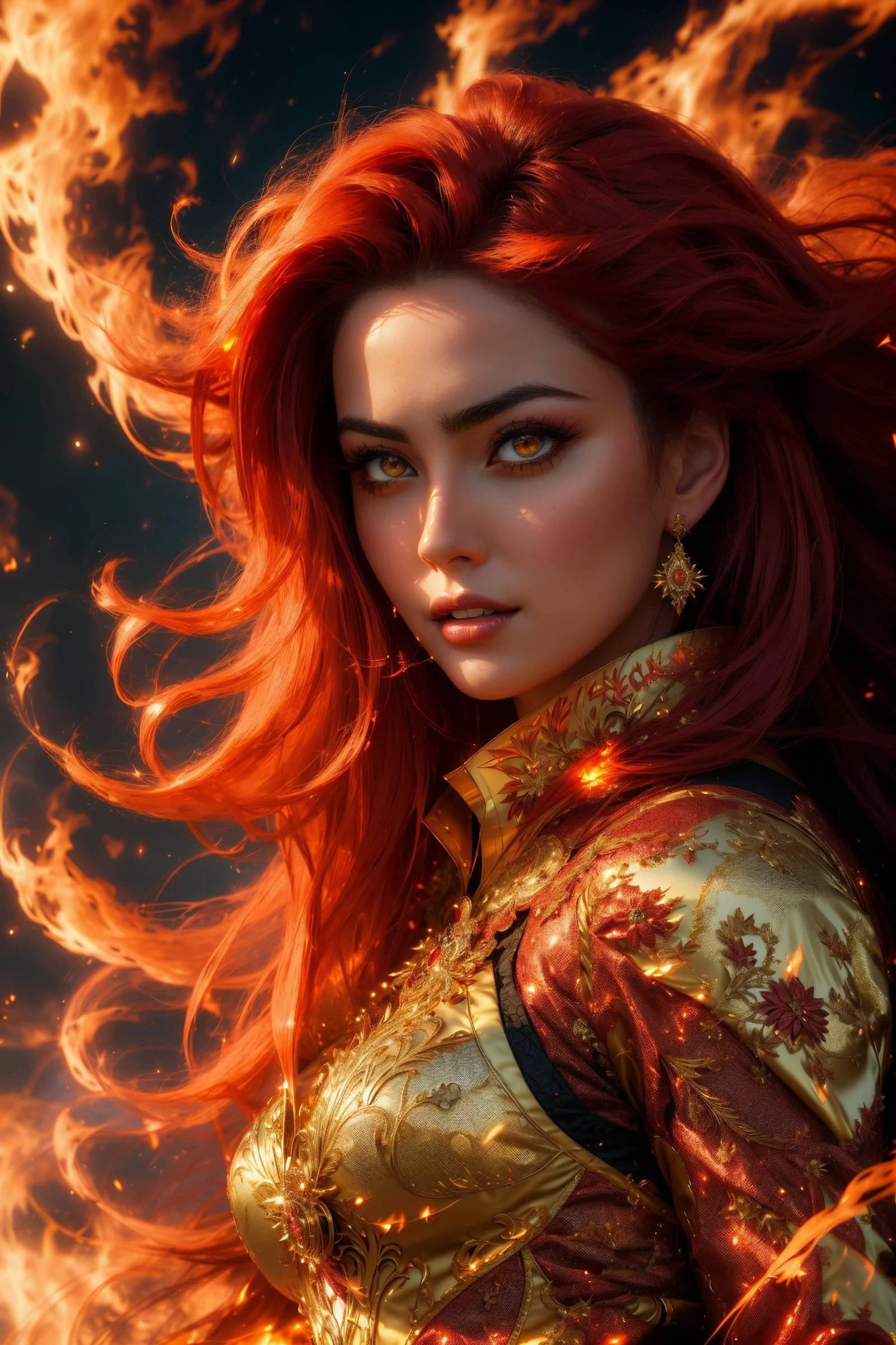 A sublime woman, cute face, emerges from a raging fire, cute face, red flaming eyes, her breathing ignites fire, long red floating hair. Her figure, enveloped in the fiery glow, flames swirl around her, creating a surreal backdrop as she emerges unscathed, serene expression. (Ethereal emergence, fiery glow, surreal backdrop, serene amidst chaos). BREAK, masterpiece, HDR, UHD, 8k, highly detailed, award winning, intricate details, fantasy, dream, <lora:r1ge - AnimeRage:0.5> rage, <lora:WizardCoreAISD15:0.2>, <lora:Util_breastsizeslideroffset:-0.4>