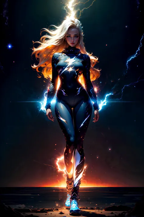 (masterpiece, best quality, ultra-detailed:1.3), 1girl made of rock, (feminine body:1.2), perfect curves, hourglass figure, full body, dynamic pose, female, large breasts, cracked skin, (white electricity:1.2) coming through cracks, (navy blue cosmic glam bodysuit:1.1)m (glimmering galaxy leggings with space odyssey hues:1.1), (dragonborn:0.6), white hair outdoors, detailed background, depth of field, thunder, (white blue lightning:1.2), thunderbolts, lightning theme BREAK (long straight blonde hair, mid parted hair:1.2) <lora:tools/more_details:0.3> <lora:characters/dragonborn_offset:0.6> <lora:styles/r1ge - AnimeRage:0.7><lora:tools/epiNoiseoffset_v2>