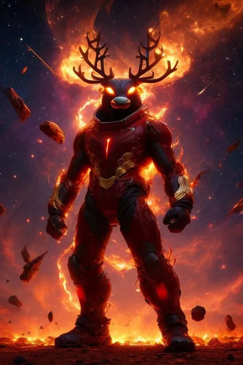 <lora:r1ge - AnimeRage:.7> Anime Anthropomorphic reindeer biped r1ge, solo, looking at viewer, red theme, debris, <lora:detail_slider_v4:2>, red space nebulae background, hooves, hoof
