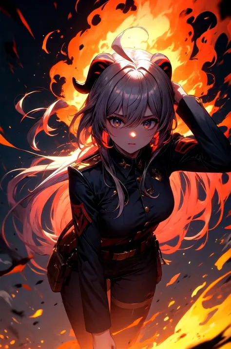 (masterpiece, best quality, detailed), 1girl, solo, looking at viewer, <lora:ganyu:0.75>, ganyu, long hair, horns, ahoge, sidelocks, goat horns, <lora:r1ge - AnimeRage:0.65>, glowing, flying debris, magic, aura, energy, world war ii, war, military vehicle, battlefield, battle, dust, smoke, burning, fire, red sky, explosion, dutch angle, leaning forward, adjusting hair, hand in own hair, hand on own thigh, from above