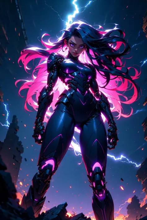 (masterpiece:1.4), (intricate:1.2), (detailed:1.2), (ornate:1.2), (vibrant colors:1.2), BREAK,
(glowing:1.1), (windy:1.2), (violet theme:1.3), (from below:1.2), BREAK,
(wide shot:0.9), (1girl:1.2), (biomechanical:1.2), (long hair:1.0), (shattered body:1.0), (screaming:1.0), (frenzy:1.0), (r1ge:1.2), <lora:AnimeRage:0.6>, BREAK,
(ruins:1.2), (destruction:1.0), (devastation:1.0), (city:1.2), (lightning:1.2),