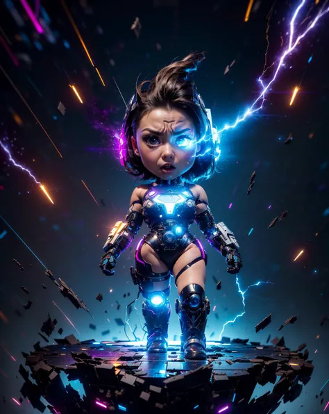 from below, (full body:1.4), complex detailed photo of a (chibi:1.4), 
(chibi face:1.4), (strong wind from bottom:1.4), brunette, (hair_over_eyes), (look at viewer:1.4),
back view,
her body is robot,(vanila-color) robot body,  (curvy:1.4), (gigantic breast ,thin waist, thigh),
 she has some glowing blue led parts, cyborg, robotic parts, robotic arms, (mechanic upper-legs), 
(broken, smashed, cracked, damaged,scratched:1.4),
intricate cable electric wires, microchip, (spark), (visible wind, aura),
(dynamic pose, fighting stance:1.2), (floating parts of broken spaceship:1.3),
(galaxy background:1.3), the earth is far away , (highkey lighting:1.4),
 (anatomical, masterpiece, realistic, finely detail:1.4)  <lora:r1ge - AnimeRage:0.45> <lora:A-Mecha-REN[color_theme,mecha musume, mechanical parts, robot joints,headgear,full armor]:0.7>