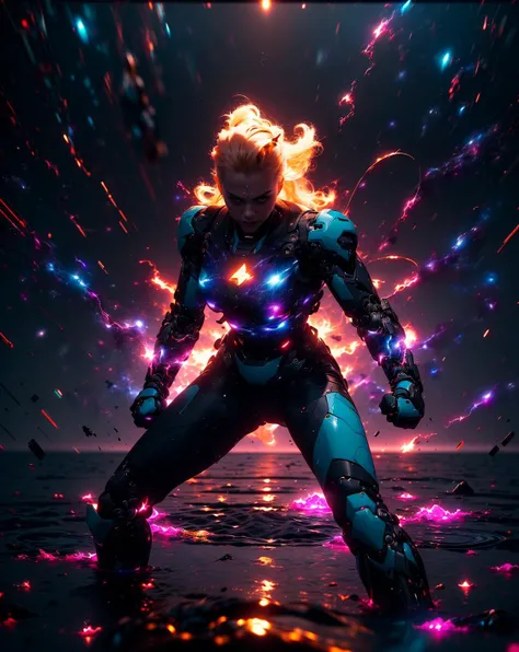 (full body:1.4), complex detailed photo of a beautiful girl, (girl face:1.4), blonde, (long hair:1.2), (look at viewer:1.4),
 her body is robot, 
 she has some glowing cyan led parts, cyborg, robotic parts, robotic arms, mechanic legs, 
intricate cable electric wires, microchip,
(dynamic pose, fighting stance, float in the space:1.4),
 rim lighting, two tone lighting, dimly lit, lowkey,
(galaxy background:1.4), the earth is far away , 
 (hyperrealistic, anatomical, masterpiece, realistic, photo_realistic , finely detail:1.4) <lora:chilloutmixgd_v10:0.4> <lora:epiNoiseoffset_v2:1> <lora:r1ge - AnimeRage:1>