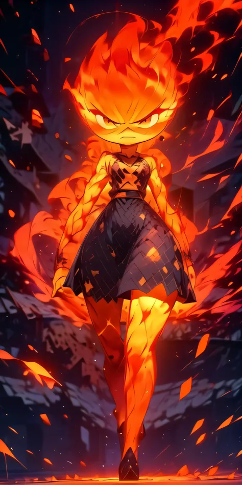 (best quality, masterpiece, detailed face, detailed eyes) detailed style, female, solo, Ember, girl made of fire, long eyelashes, narrow waist, ((standing, fullbody, r1ge angry, glowing, (aura:1.2),energy, flying debris, flying fragments)), detailed background, <lora:Addams:1>, <lora:more_details:0.5>, <lora:r1ge - AnimeRage:1>