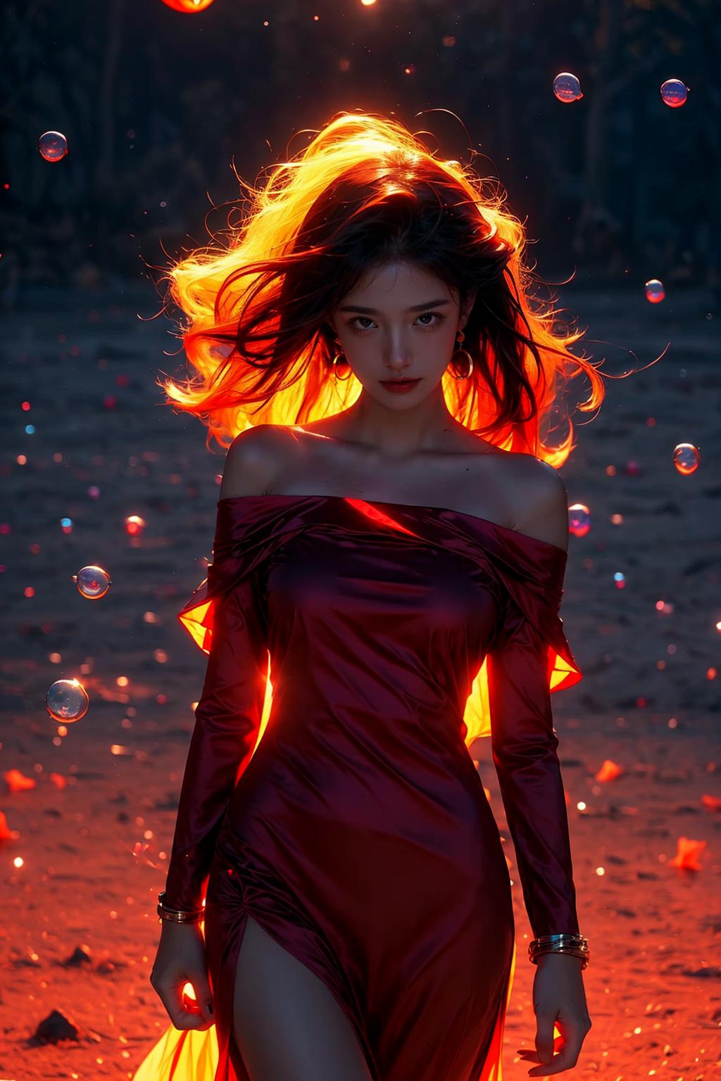 A woman in a red dress is walking through a field of bubbles - SeaArt AI