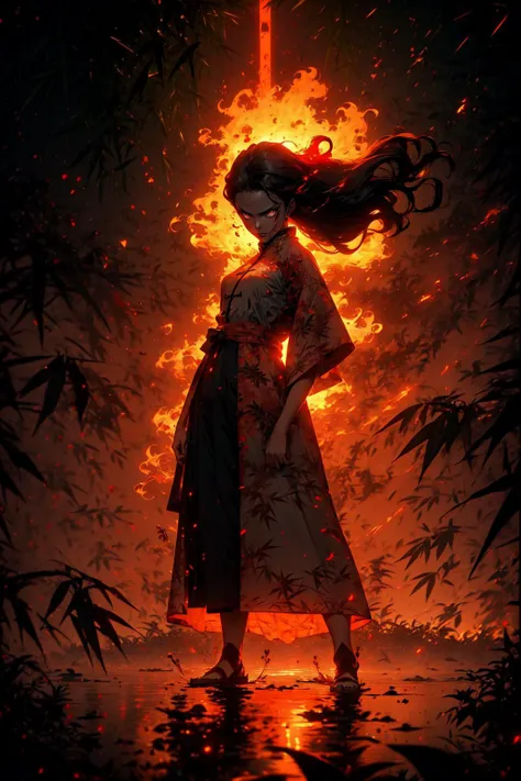 full body,holding tang dao in hand,chinese_style,r1ge,Ultra-realistic 8k CG,masterpiece,((ultra-detailed background, delicate pattern, intricate details)),best quality,very detailed face,extremely detailed eyes and face,extremely detailed eyes,1girl,long hair,black hair,murderous eyes,bamboo forest,red background,red highlight,(Floating blood, floating bamboo leaves:1.2),blood surge,Blood Spray,chiaroscuro,dense fog,winter,glowing,aura,energy,looking at viewer,<lora:add_detail:0.5>,<lora:r1ge - AnimeRage:0.9>,<lora:LAS:0.6>,