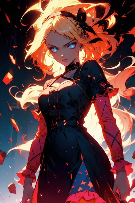 ultra detailed, masterpiece, best quality, solo, 
1girl, blue eyes, very long hair, blonde hair, long blonde hair, french braid, bangs, medium breasts,
hair ribbon, frilled choker, criss-cross halter, sleeveless dress, high-waist skirt, backless dress, waist bow, detached sleeves, frilled sleeves, wide sleeves, pantyhose, patterned legwear, mary janes, <lora:r1ge - AnimeRage:1> r1ge,
glowing, aura, energy, beam, flying debris, floating hair, hands on own chest, dark pink and blue theme,