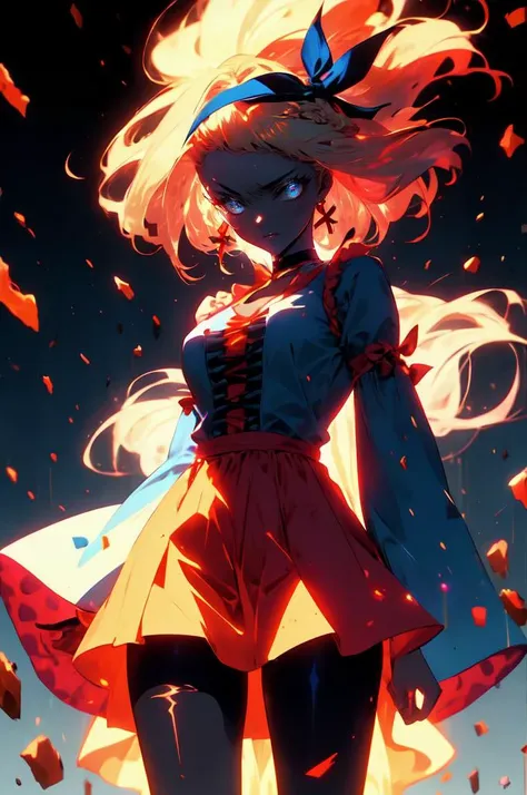 ultra detailed, masterpiece, best quality, solo,
1girl, blue eyes, very long hair, blonde hair, long blonde hair, french braid, bangs, medium breasts,
hair ribbon, frilled choker, criss-cross halter, sleeveless dress, high-waist skirt, backless dress, waist bow, detached sleeves, frilled sleeves, wide sleeves, pantyhose, patterned legwear, mary janes, <lora:r1ge - AnimeRage:1> r1ge,
glowing, aura, energy, beam, flying debris, floating hair, hands on own chest, dark pink and blue theme, <lora:ç¼çå:0.9>