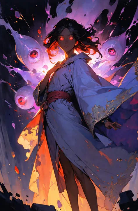 (highly detailed:1.3), (post-Impressionist:1.2),(aesthetic, detailed, intricate),r1ge,purple energy,purple aura,magic,cowboy shot,1girl, long hair, black hair,hair over shoulder, blue eyes, white mage, hood, robe, (long robe, knee-length robe), gloves, pantyhose,glowing eyes, <lora:r1ge - AnimeRage:0.4>, ((red eyes, extra eyes, horror \(theme\))), serious,, <lora:insanevoid2:0.5>, <lora:GoodHands-beta2:1>, (Watercolor painting) soft colors ,fluid strokes ,transparent layers