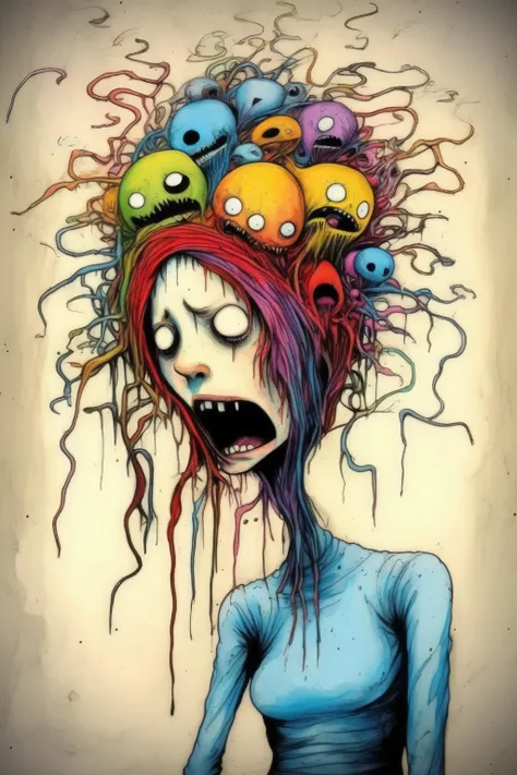 <lora:Alex Pardee Style:1>Alex Pardee Style - an image done in the style of Alex Pardee of what it is like wrestles with her thoughts which causes anxiety.