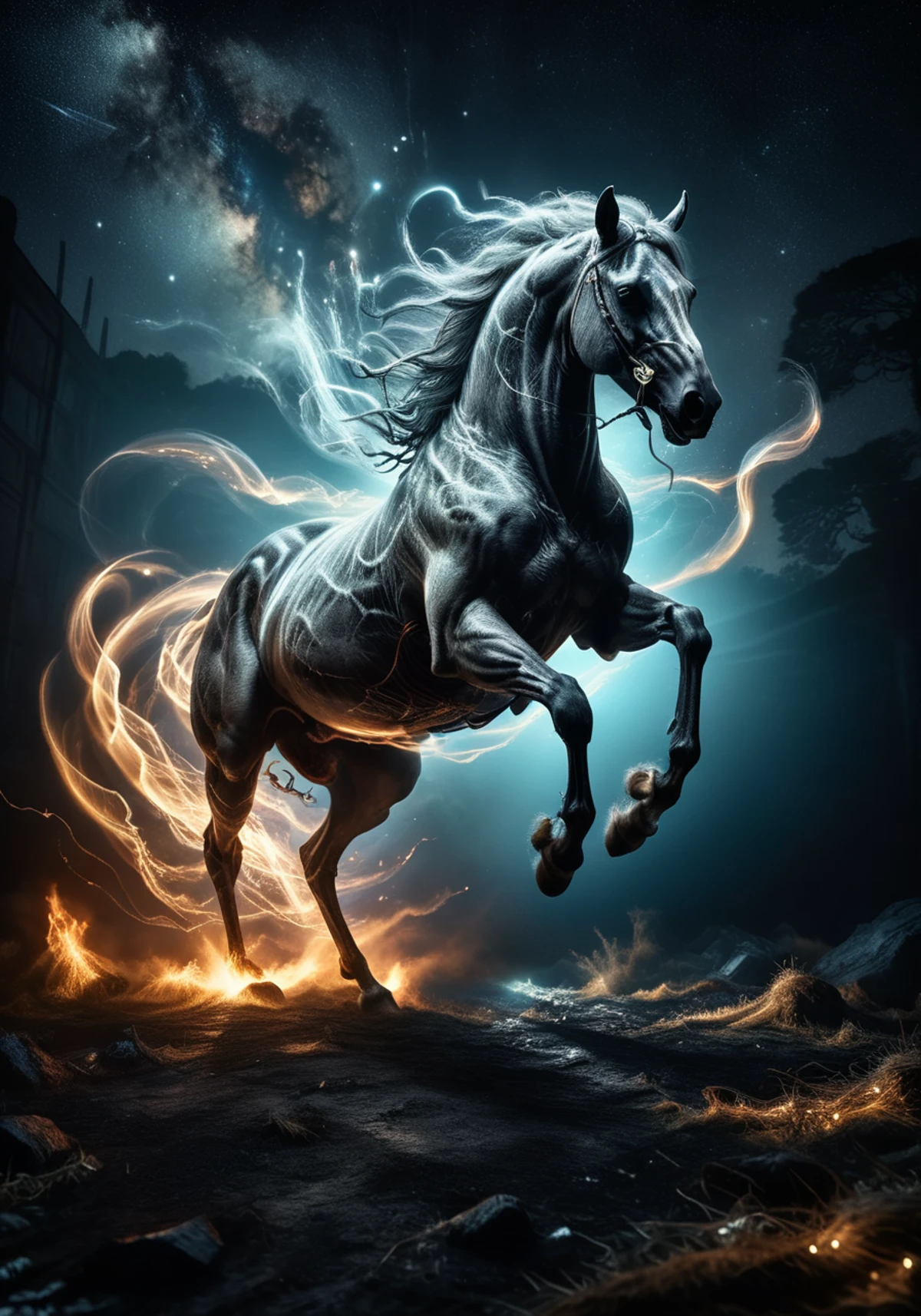 Dark Fantasy Art of macabre, hyper realistic masterpiece photo, long exposure, spectral luminescent steed running on the Bifrst in galaxy's space, Bifrost, 8k, tonemapped, cinematic, volumetric light, perfect Rembrandt contrast <lora:xl_more_art-full_v1:0.5> analog photo, dark art by Nicola Samori, by Conor Harrington <lora:ral-exposure-sdxl:1> ral-exposure, dark, moody, dark fantasy style