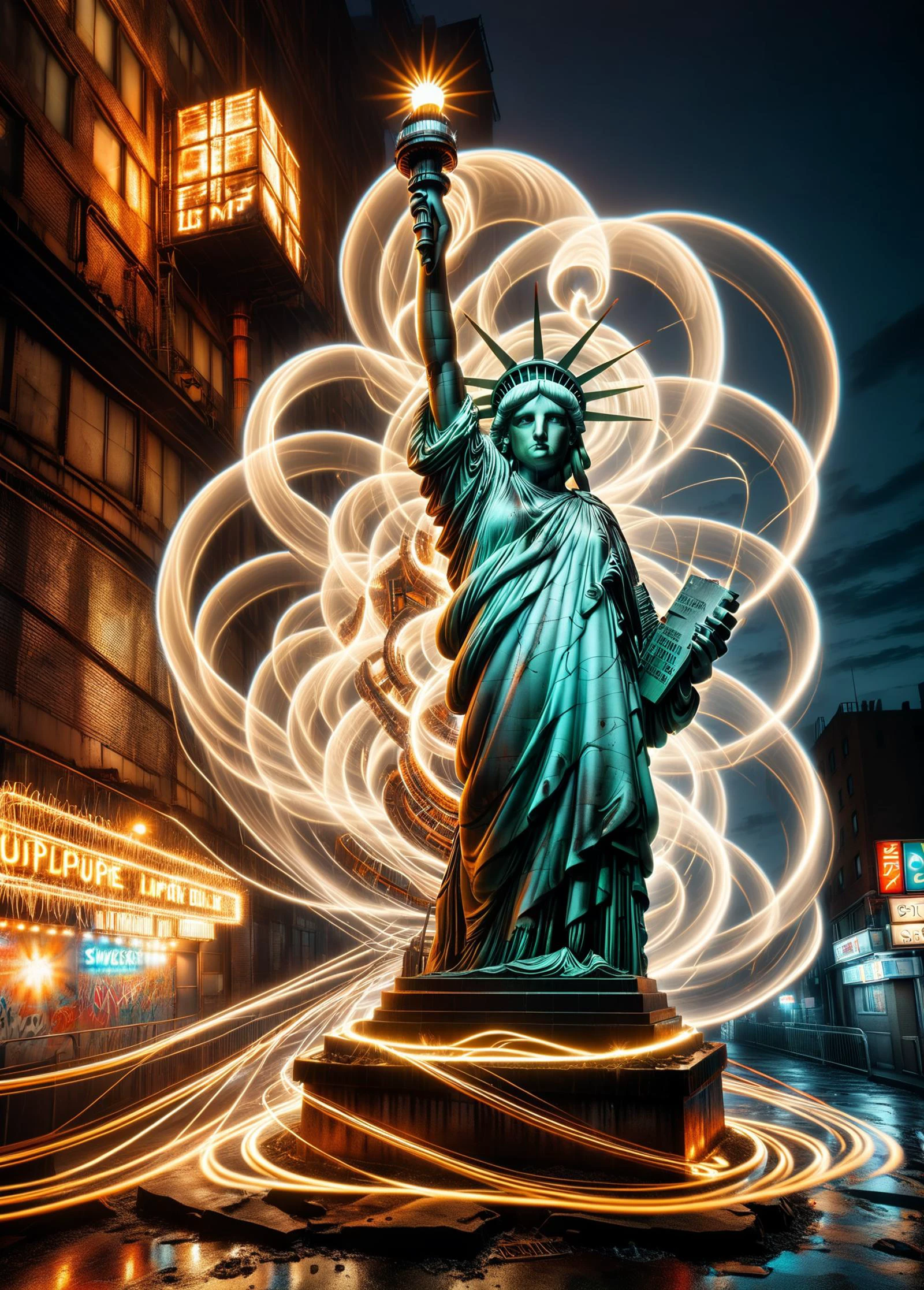 best quality, masterpiece, highres, 8K, intricate, extreme detail,RAW photo, ral-exposure, (rusted statue of liberty surrounded by swirls of light:1.5), long exposure of torch, sign art, double exposure, rusty, old, broken, crumbling, neon art, long exposure, graffiti, punk, neo-punk, layered lines, <lora:ral-exposure-sdxl:1>, <lora:add-detail-xl:0.8>,
