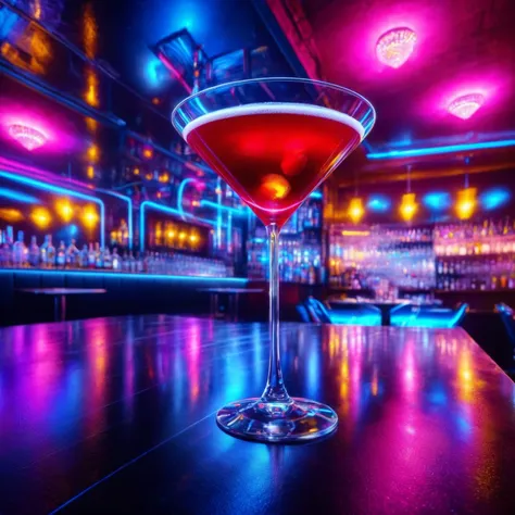 A close-up view of a chilled martini glass on a bar, with a slight condensation on the side. The martini glass should be the central focus, with crystal clear quality showcasing its intricate details and the vibrant color of the drink. A cocktail shaker, stirer, lime and cherry garnish.The background should feature ral-exposure and be detailed and appealing. Emphasize a futuristic neon vibe in the scene, with glowing neon lights and an ultra modern, sleek bar setting. The neon lights should cast a colorful glow on the surroundings, adding to the ambiance. The decor features exposed brickwork and brushed concrete. The overall image should convey a sense of sophistication and futurism, blending the clarity of the cocktail glass with the dreamy, slight bokeh effect, reflective surfaces, glass, metal, brushed aluminium, cinematic, premium, uhd, 8k,<lora:Neon_Environments:1>,<lora:ral-exposure-sdxl:1>