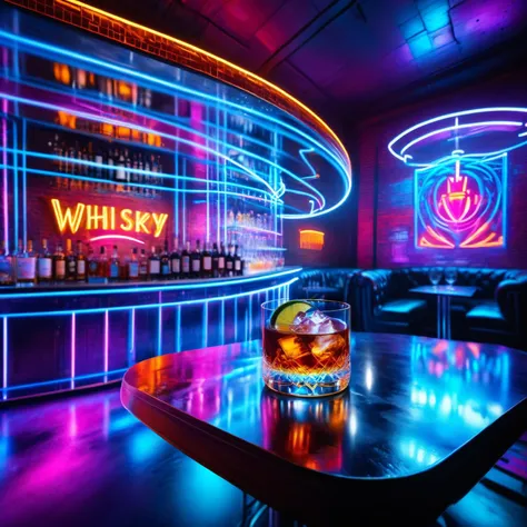 A close-up view of a whiskey glass on a bar, served over ice. The whiskey glass should be the central focus, with crystal clear quality showcasing its intricate details and the vibrant color of the drink. An intricately detailed cocktail shaker is next to the glass. The background should feature ral-exposure and be detailed and appealing. Emphasize a futuristic neon vibe in the scene, with glowing neon lights and an ultra modern, sleek bar setting. The neon lights should cast a colorful glow on the surroundings, adding to the ambiance. The decor features exposed brickwork and brushed concrete. The overall image should convey a sense of sophistication and futurism, blending the clarity of the whiskey glass with the dreamy, slight bokeh effect, reflective surfaces, glass, metal, brushed aluminium, cinematic, premium, uhd, 8k,<lora:Neon_Environments:1>,<lora:ral-exposure-sdxl:1>