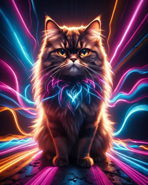 masterpiece, best quality, long exposure, light painting, Synthwave, <lora:ral-exposure-sdxl:1> ral-exposure, Fujicolor, Lonely, Instagram, Frightening, Epic Persian Cat of Happiness