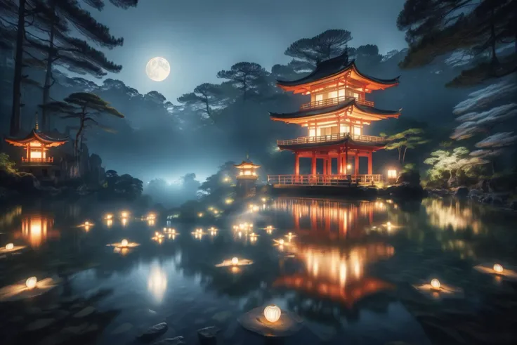 ral-exposure, long exposure photo of dozends of japanese lantern floating on a lake in front of a japanese temple in the forest, moon light, mist over the water <lora:ral-exposure:1>  <lora:add-detail-xl:1> misc, (masterpiece:1.2), best quality, (hyperdetailed, highest detailed:1.2), high resolution textures