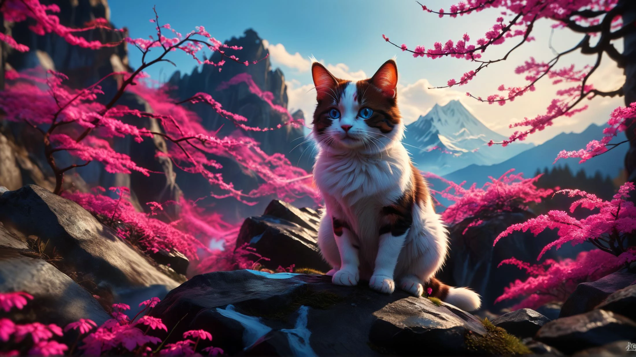 fantasy art stylized by Clint Langley, comics art, Tiny (were Japanese Bobtail Cat:1.2) , warm mountains, Spring, Renaissance, blue and Magenta neon hue, small, <lora:ral-exposure:1> made with ral-exposure, highly color focused, delicate, quality, great composition, fabulous colors, dramatic
