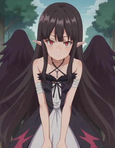 score_9, score_8_up, score_7_up, source_anime,
evereese, <lora:eve-reese-ponyxl-lora-nochekaiser:1>
eve reese, long hair, bangs, black hair, red eyes, very long hair, pointy ears,
dress, bare shoulders, collarbone, wings, sleeveless, black dress, black ribbon, halterneck, bandages, feathered wings, black wings,
outdoors, village, forest, bent over,
looking at viewer, dutch angle, cowboy shot,