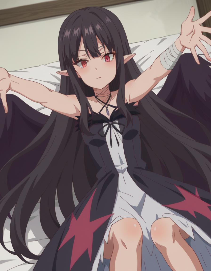 Anime girl with long black hair laying on a bed with her arms ...