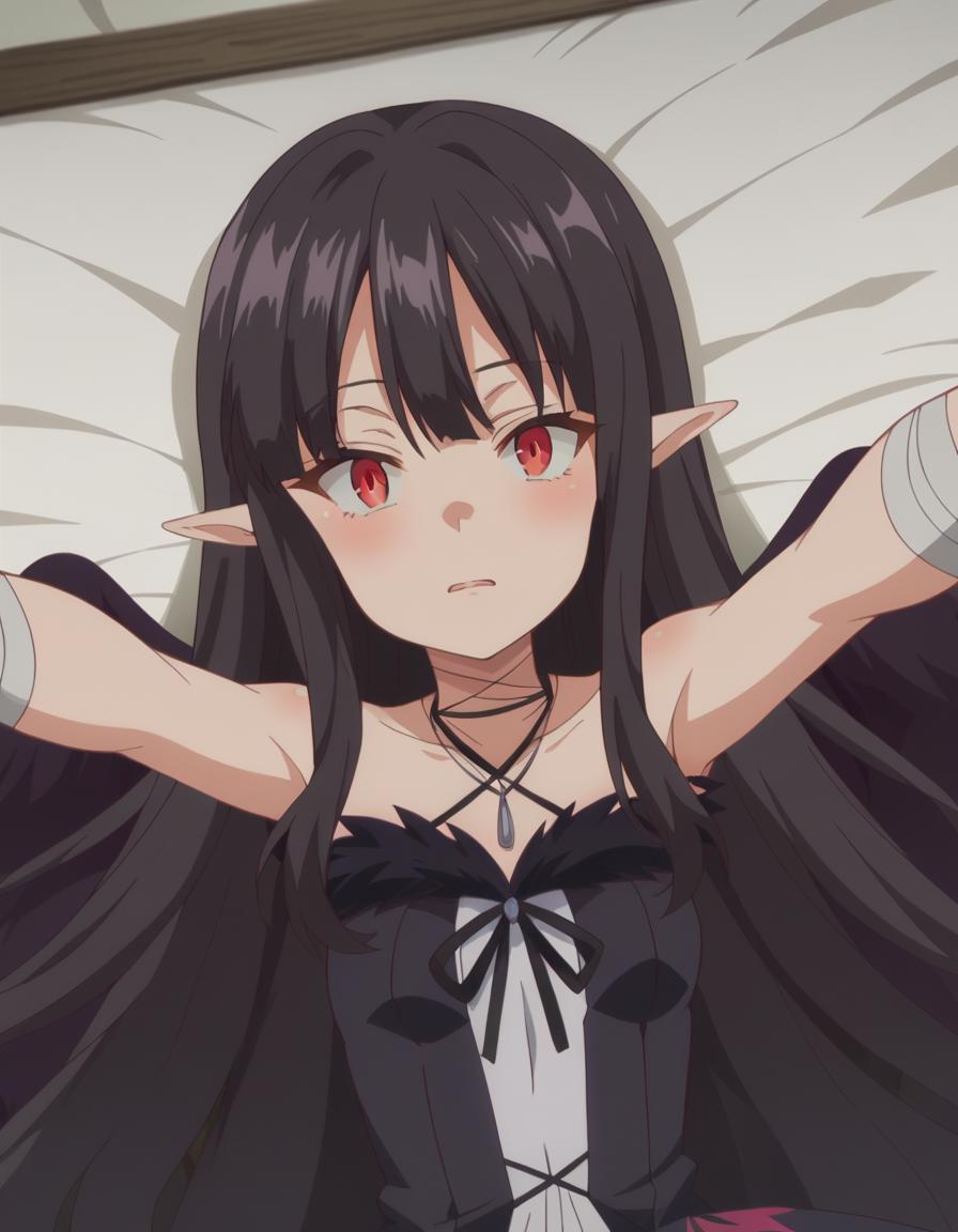 Anime girl with long black hair and red eyes laying on a bed - SeaArt AI