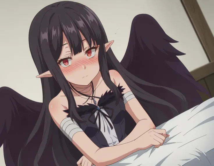 score_9, score_8_up, score_7_up, source_anime,
evereese, <lora:eve-reese-ponyxl-lora-nochekaiser:1>
eve reese, long hair, bangs, black hair, red eyes, very long hair, pointy ears,
dress, bare shoulders, collarbone, wings, sleeveless, black dress, black ribbon, halterneck, bandages, feathered wings, black wings,
indoors, bed, bed room, on side, blush, drunk,
looking at viewer, dutch angle, cowboy shot,