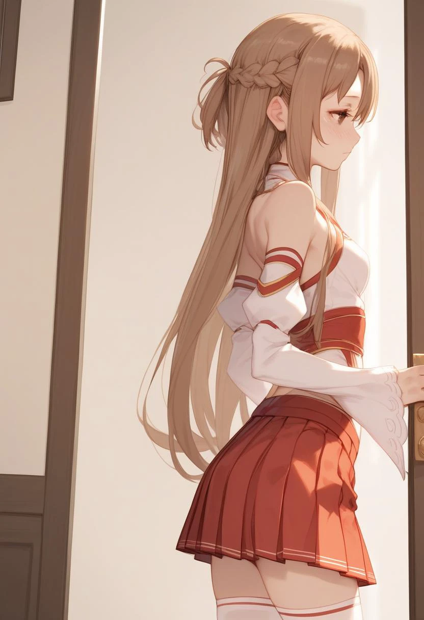 score_9, score_8_up, score_7_up, score_6_up,
<lora:Expressive_H:1.0>
1girl, <lora:SDXL_LORA_CHARACTER_YUUKI ASUNA_V1A:1>, yuuki asuna, brown eyes, brown hair, long hair, bangs, braid,skinny, slender body, tiny, medium breasts,
red pleated skirt, white detached sleeves, bare shoulders, white thighhighs,
A girl leaving the room,
indoors, bedroom, door, open door,
(nose blush:1.1), (head tilt:1.2),
hollow eyes, half-closed eyes,
(looking away:1.2), closed mouth,
upper body, from behind,
masterpiece, best quality,