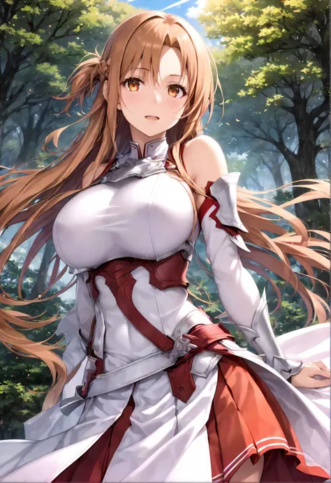 masterpiece, best quality, SimplePositiveXLv2, yuuki asuna, 1girl, solo, long hair, breasts, looking at viewer, blush, open mouth, bangs, skirt, large breasts, brown hair, long sleeves, bare shoulders, brown eyes, upper body, braid, pleated skirt, outdoors, parted lips, detached sleeves, day, belt, armor, tree, orange eyes, floating hair, red skirt, breastplate, bush, <lora:SDXL_LORA_CHARACTER_YUUKI ASUNA_V1:1>, <lora:anime-detailer-xl:1.2>