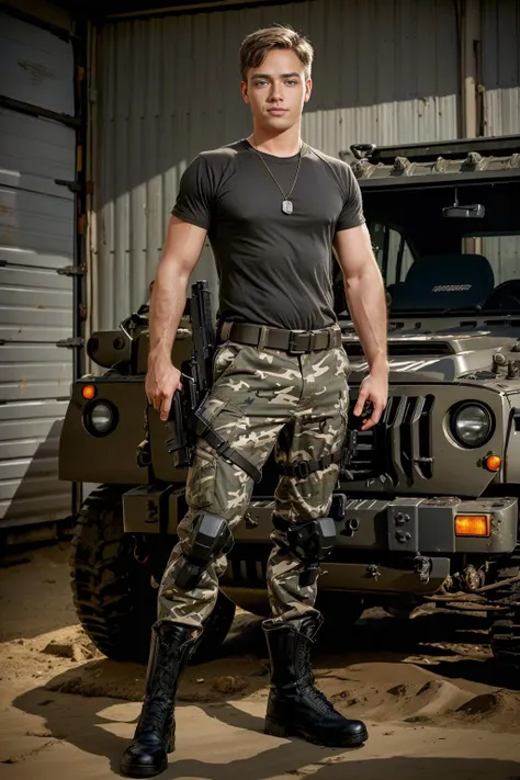 standing next to a military jeep, LucasKnight, slight smile, sexysoldier, (shirt), camouflage pants, dog tags, black army boots, belt, holster, gun in holster, holding assault rifle, ammunition belt, masterpiece, ((full body portrait)), wide angle <lora:LucasKnight-000009:0.8>. <lora:Clothing - Sexy Soldier_v1:0.6>