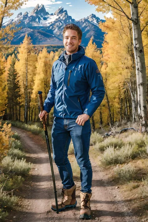 hiking trail in forest of quaking aspens, fall foliage, Grand Teton in the background, LucasKnight is a hiker, wearing waterproof jacket, blue jeans, hiking boots, holding a walking stick, slight smile, masterpiece, photorealistic, (((full body portrait))), wide angle <lora:LucasKnight-000009:0.8>
