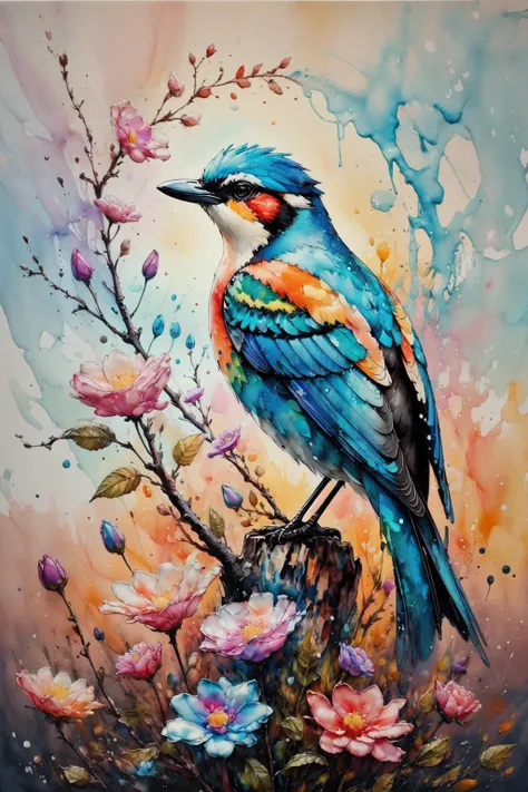 bird, sunrise, flower field, Alcohol ink and impasto mix painting,  explosion, 
yang08k,  beautiful,  colorful,
masterpieces, top quality, best quality, official art, beautiful and aesthetic,
<lora:yang08k:0.7>