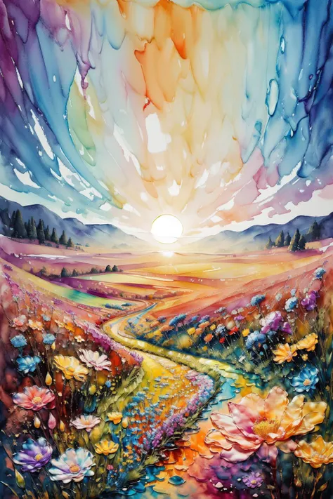 landscape, flower field, sunrise, Alcohol ink and impasto mix painting,  explosion, 
yang08k,  beautiful,  colorful,
masterpieces, top quality, best quality, official art, beautiful and aesthetic,
<lora:yang08k:1>