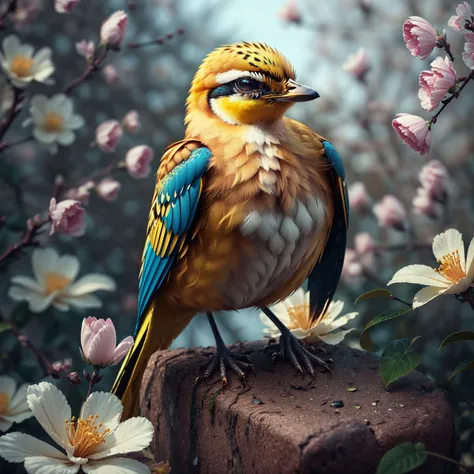 yellow bird,  flower, masterpieces, top quality, best quality, official art, beautiful and aesthetic,  8k raw, realistic, yang08k,
 <lora:yang08k:0.8>