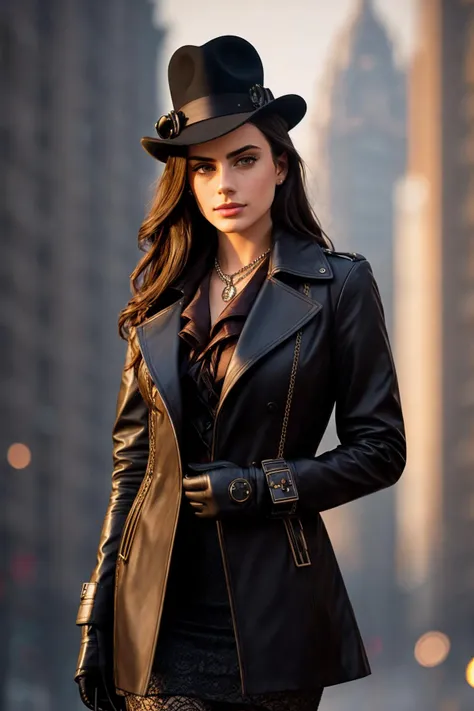 medium shot photo of a mix of (trench coat, leather gloves, and aviator goggles:0.8) and (formal wear:0.5) (yaelshelbia:0.99), nice cleavage, intricate steampunk+ city, evening, dark, atmospheric, mist, best quality masterpiece, photorealistic, detailed, 8k, HDR, shallow depth of field, broad light, high contrast, backlighting, bloom, light sparkles, chromatic aberration, sharp focus, RAW color photo<lora:epiNoiseoffset_v2Pynoise:1.0>