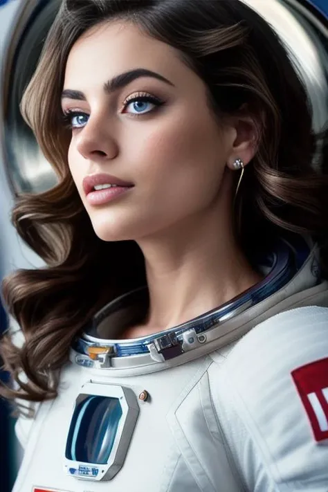 portrait photo of yaelshelbia-3600 (((as an astronaut, floating in space))) (RAW, analogue, Nikon Z 14mm ultra-wide angle lens, award-winning glamour photograph, ((best quality)), ((masterpiece)), ((realistic)), skin pores, subsurface scattering, radiant light rays, high-res, detailed facial features, high detail, sharp focus, smooth, aesthetic, extremely detailed, (extremely detailed eyes, extremely detailed iris)
