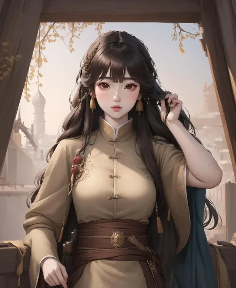 weiboZH, upper body, girl, brown eyes, hands above head, semi realistic, masterpiece, best quality, ultra-detailed detailed, detailed digital artwork, hi res, <lora:weiboZH:0.87>