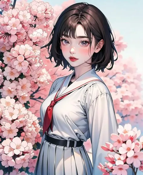 weibozh, masterpiece,best quality, ultra high res,short hair, 1girl, kinomoto sakura, brown hair, red lips, short hair, white skirt, pleated skirt, looking at viewer,(upper body:0.6),(portrait:0.4),  <lora:weibozh:1>