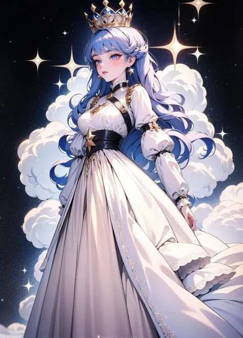 jewelry, weibozh, breasts, full body, stars background, clothed, ruffles, high detail, beautiful dark eyes, eyelashes, female, girl, masterpiece, best quality, character design, crown, sparkling, princess, <lora:weibozh:0.94>