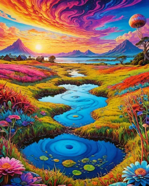 Water color painting, landscape of a Auckland from inside of a Silo, at Blue hour, "No, I don't wanna miss a thing.", <lora:Psychedelic:1> Psychedelic