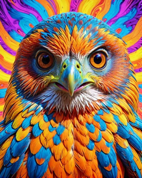 Falcon, in focus, Happy, UHD, beautiful, <lora:Psychedelic:1> Psychedelic