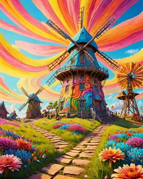 Concept art, Windmill, Tight, at Midday, Very wide view, Fearful, Tattoo style, Ethereal Lighting, <lora:Psychedelic:1> Psychedelic